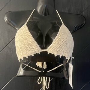 12th Tribe NWT Cream Crochet Triangle Bikini Top With Pearl Accent